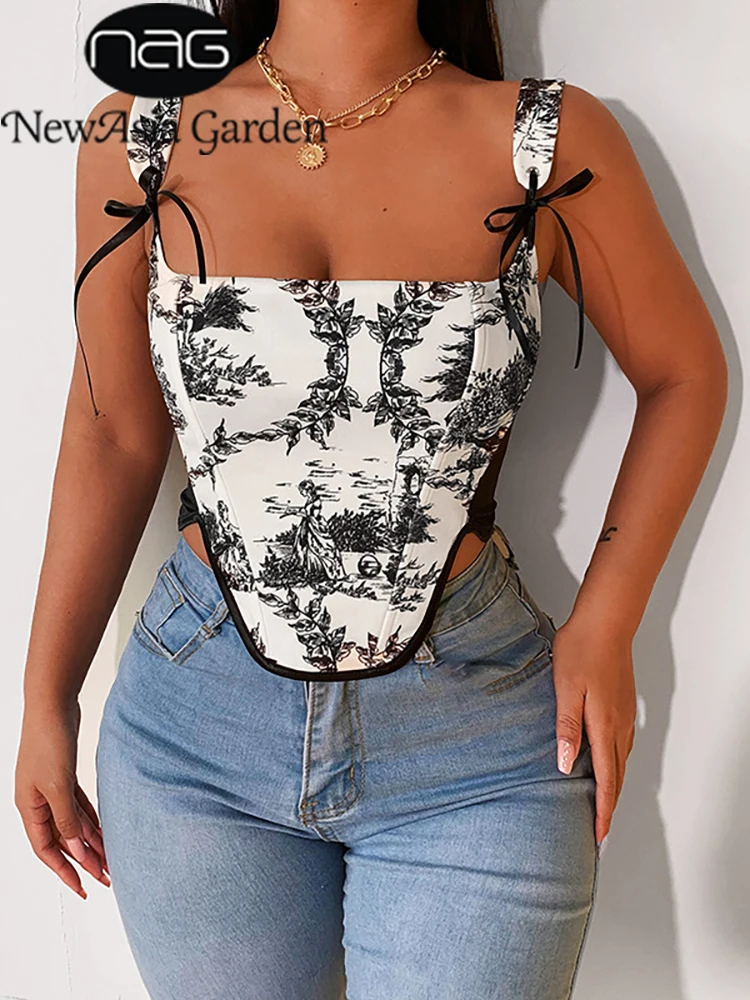

NewAsia y2k Print Camis Top Lace up Square Collar High Waist Crop Top Summer Fashion Party Club Sexy Whtie Corset Women Top 2022