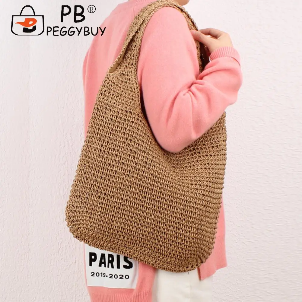 

Summer Beach Vacation Fashion Straw Women's Shoulder Underarm Bag Retro Solid Color Rattan Picnic Zipper Shopper Handbags