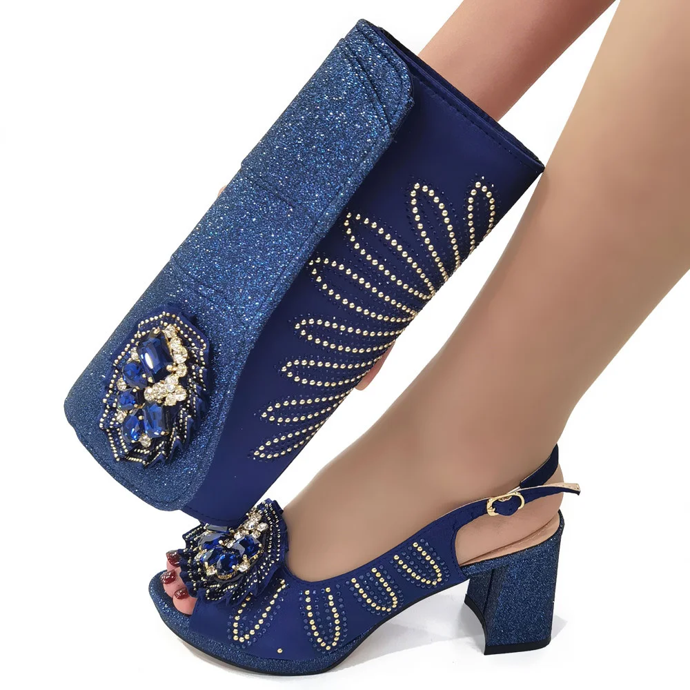 2023 Fashionable New Design Italian Women Shoes and Bag to Match in Dark Blue Color Mature Style with Shinning Crystal for Party