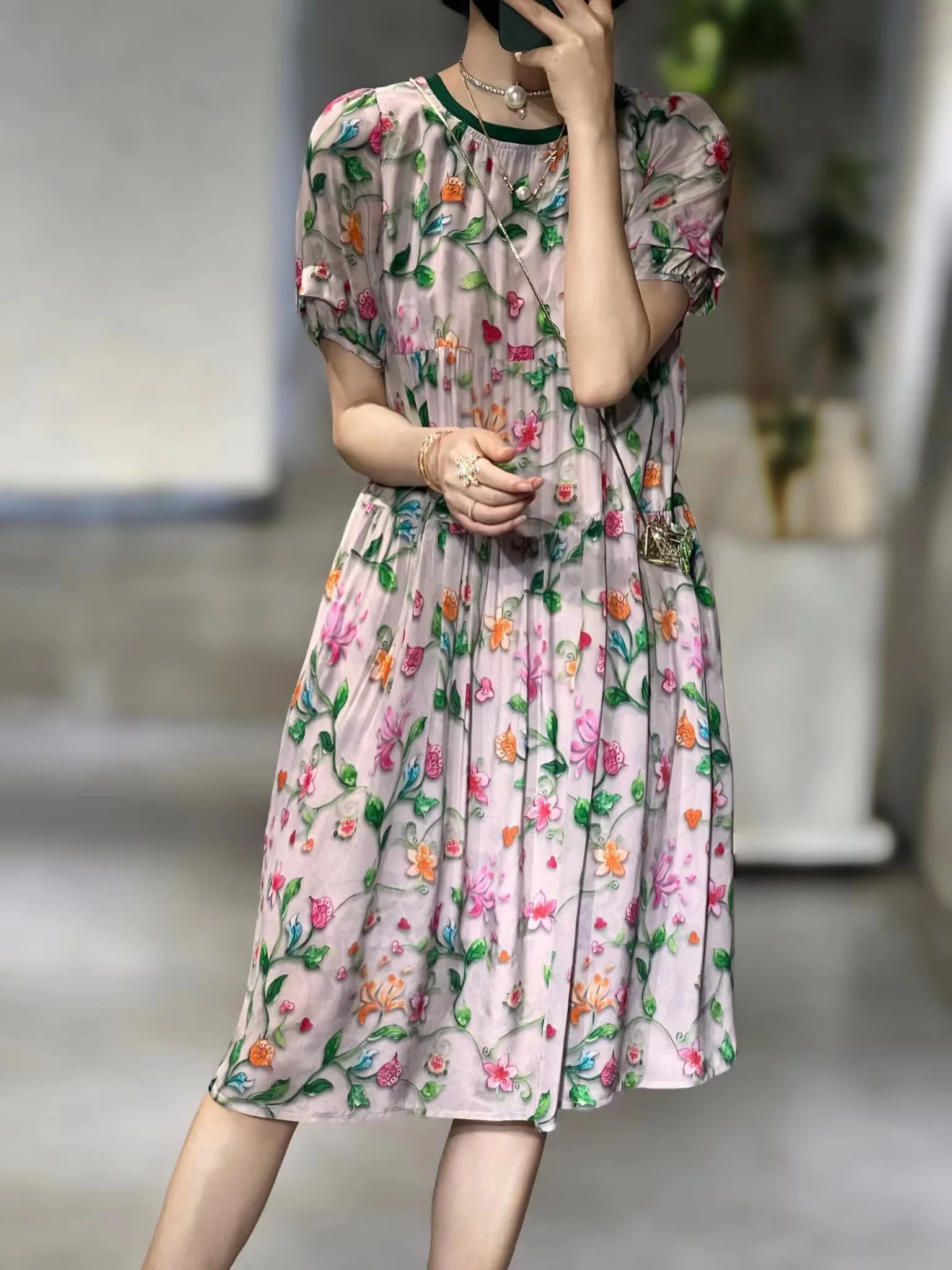 2023 spring and summer women's clothing fashion new Puff Sleeve Silk Printed Dress 0526