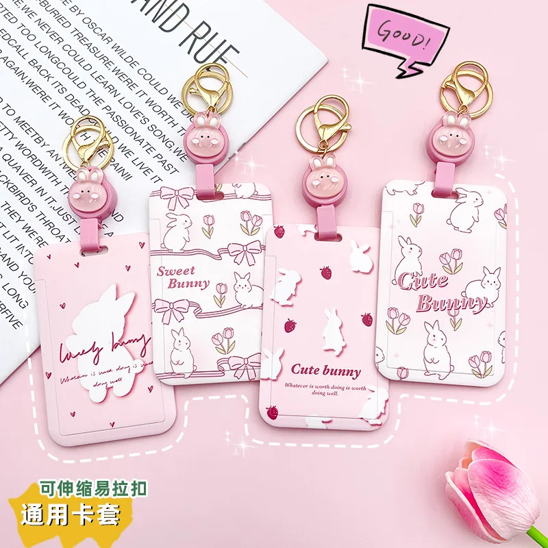 

1 Pcs Girl Pink Bunny Card Holder Campus Student Badge Card Protective Cover Universal Cartoon Lanyard Card Holder