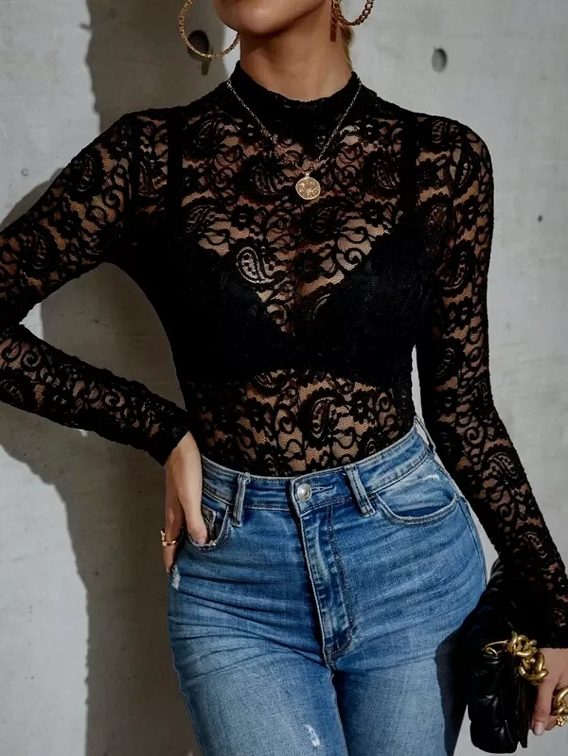 

Blouses Long Sleeve Black Mesh Top T Shirts Sexy Transparent Bottoming Shirt See-through Black Shirt Fashion Slim Blouse