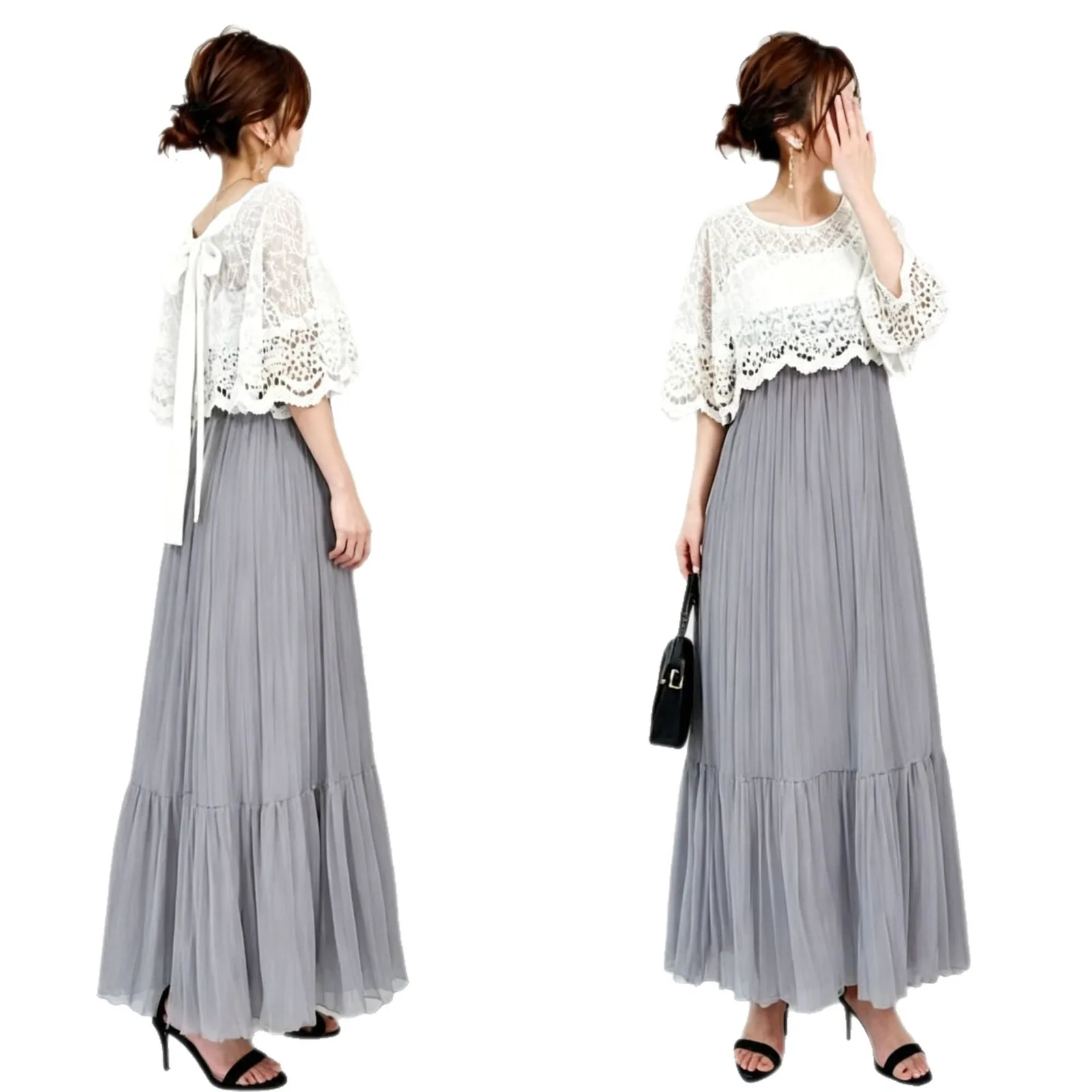 Новый комплект Lady Cloth6 из двух предметов: топ с круглым вырезом, бантом на спине и короткими рукавами из кружева, плиссированная юбка, одежда в стиле бохо. (art.: 3920dbedaccac) - 3920dbedaccac