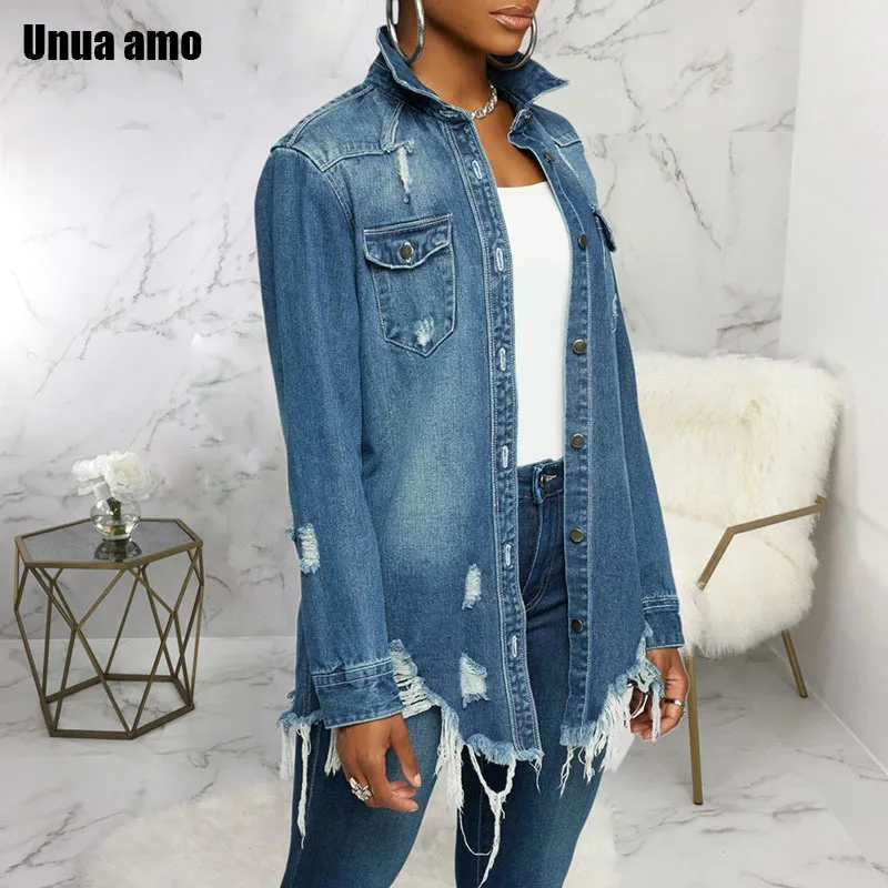 

Streetwear Women's Denim Jacket Frayed Hole Long Sleeve Outerwear Spring and Autumn Jean Jackets Coats Jaqueta Feminina