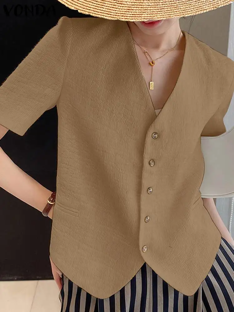 

2023 VONDA Women Blouse Casual Shirts Elegant Short Sleeve Summer Sexy V-neck Solid Tunic Tops Loose Button Party Blusas Mujer