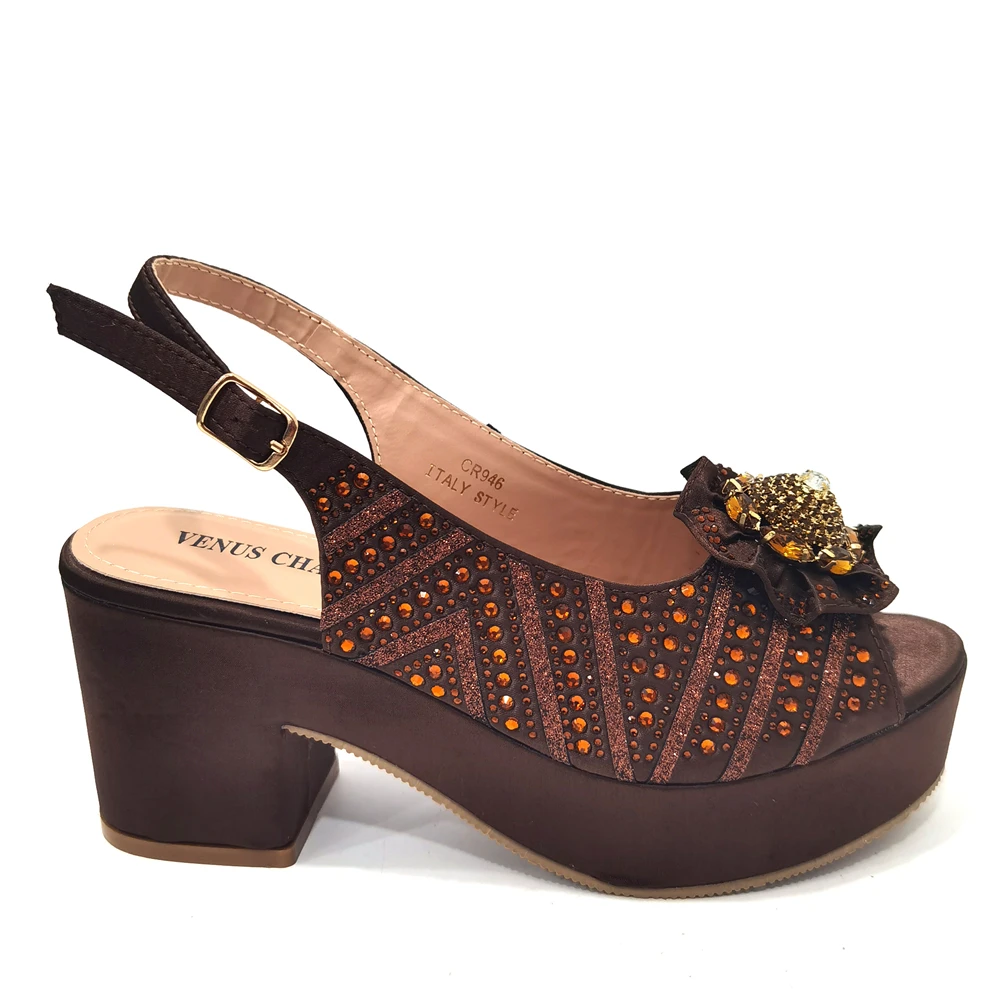 Venus Chan New Italian Design Peach Sparkling Diamond With Pearl Flower Decoration Exquisite Party Ladies Shoes And Bag Set