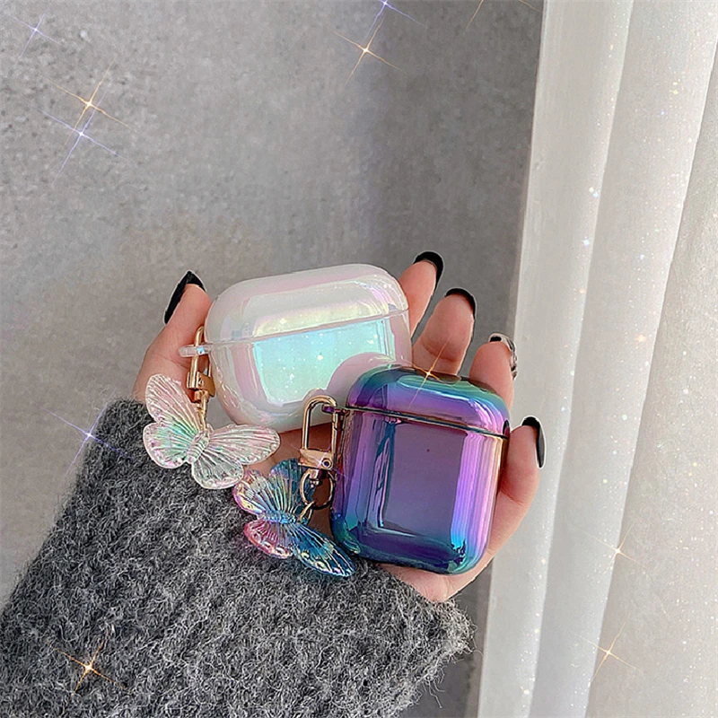 

Luxury Gradual Laser Colorful Earphone Case For Airpods Pro 2 Headset Soft Cover For Airpods 1 2 3 With Butterfly Keychain Cover