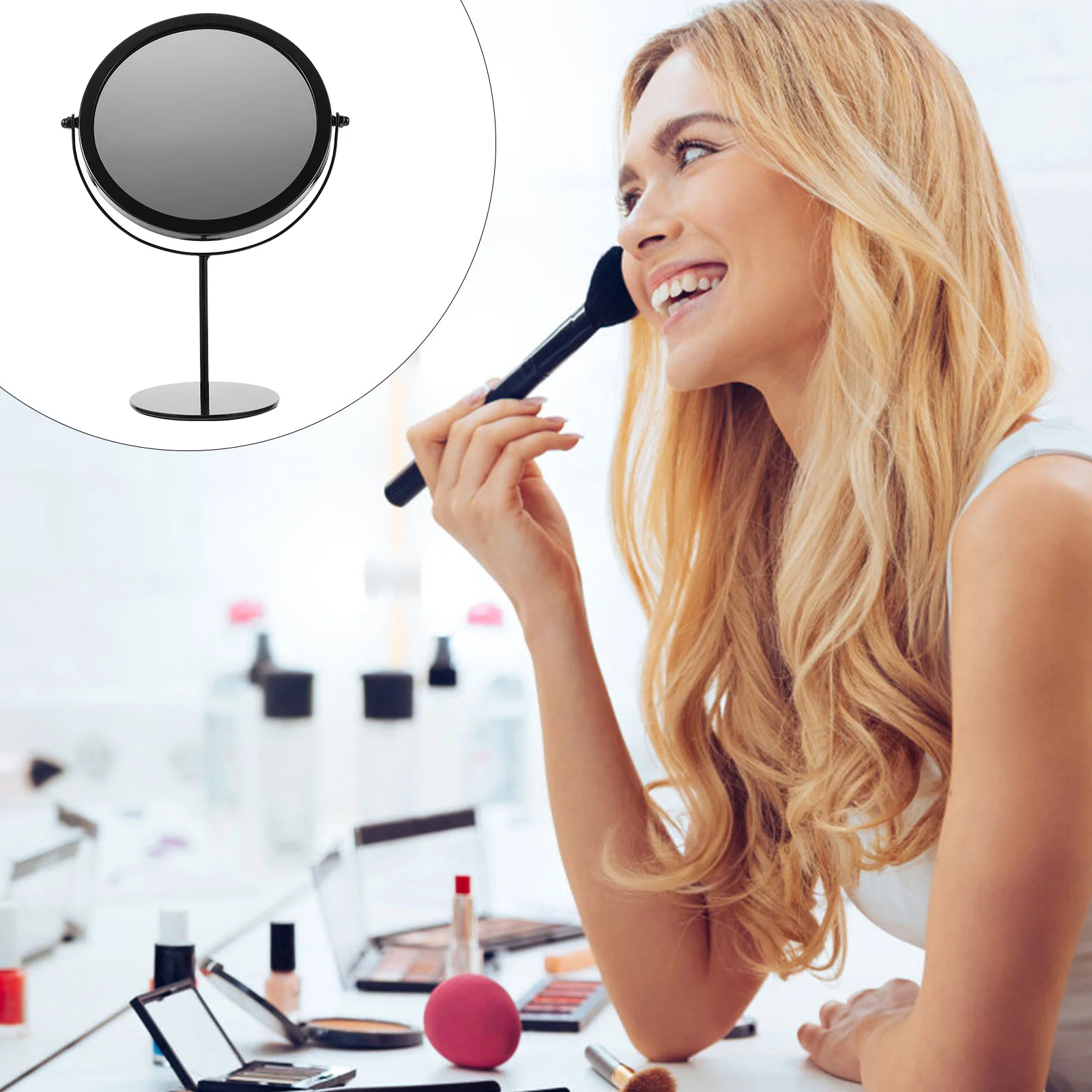 

Mirror Makeup Vanity Stand Desktop Tabletop Sided Double Beauty Supplies Metal Countertop Table Standing Rotating Dressing