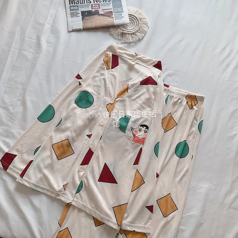 Spring Long Sleeved Pajamas Women Lady Sleepwear Cute Sin Chanv Cartoon Pijama V Neck Kawaii Pyjama Cozy Homesuits Casual Ins