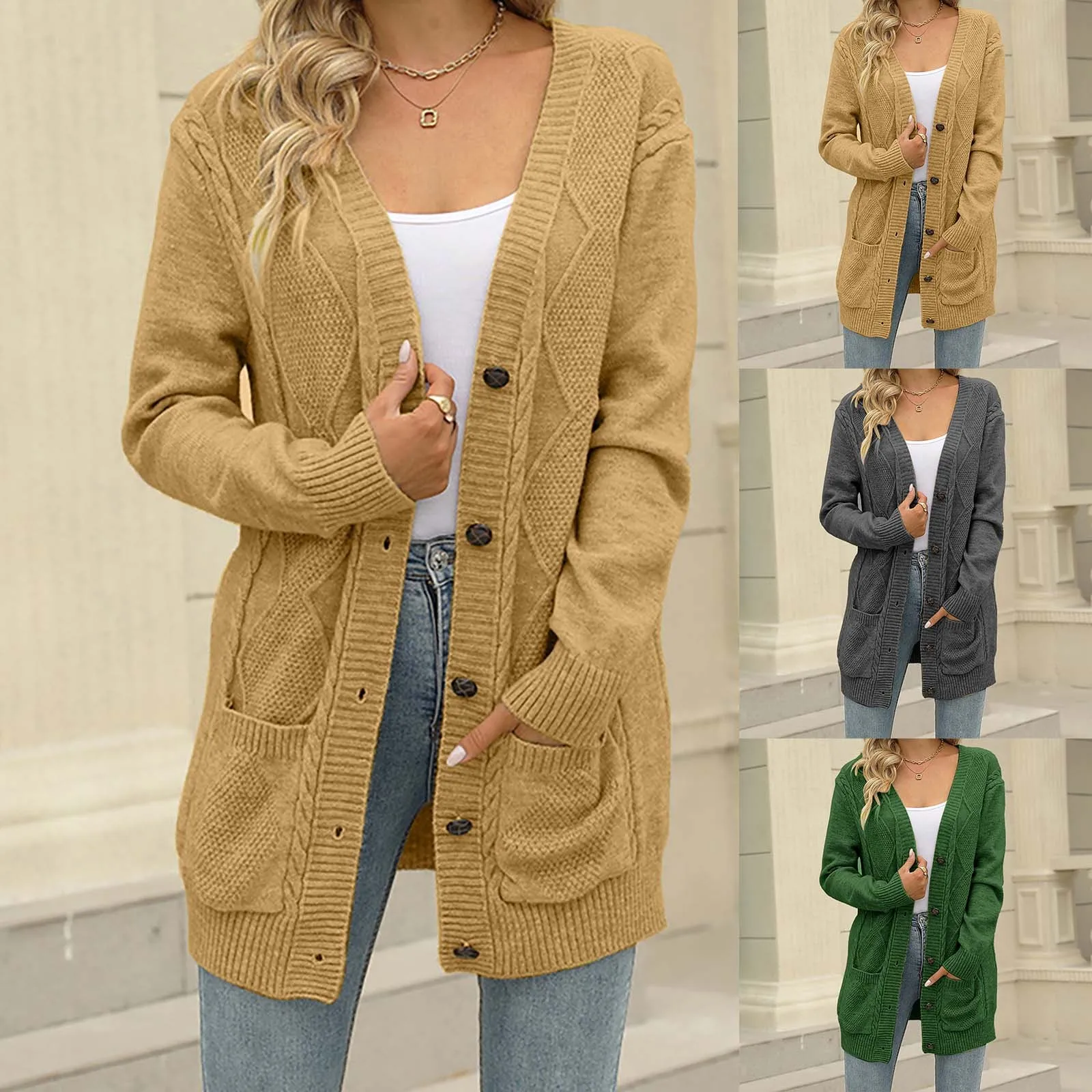 

Осенне-зимний новый свитер, длинное пальто, женский длинный свитер, Женский однотонный кардиган на пуговицах