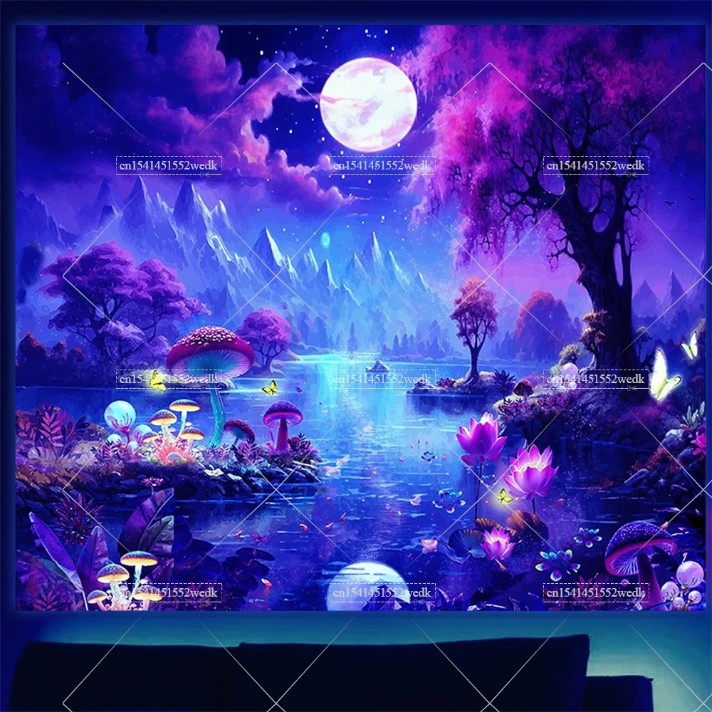 Неоновый гобелен в виде грибов бабочек черного света УФ-реактивный лес горы