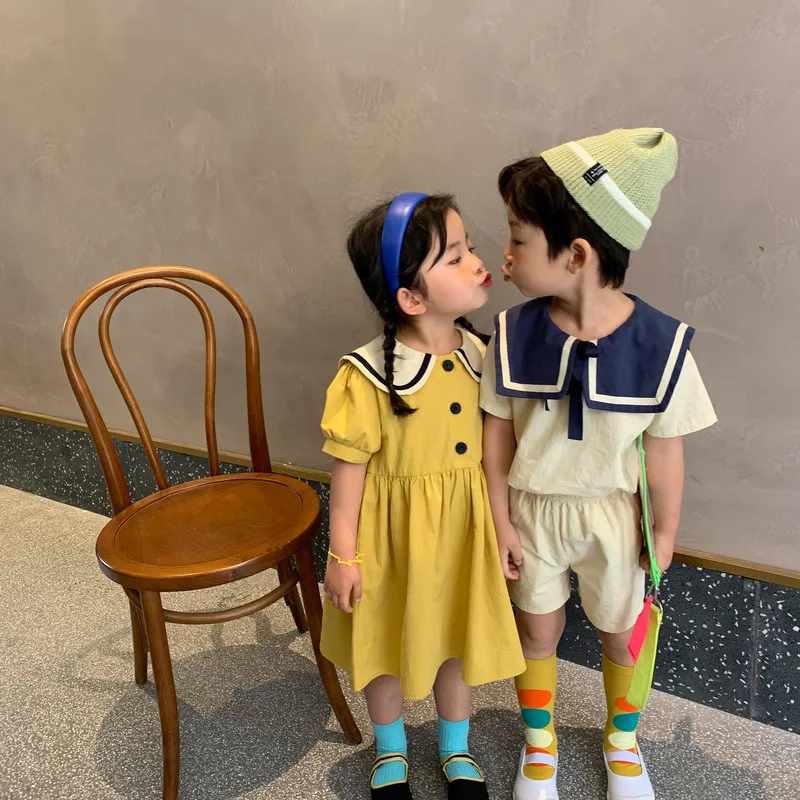 RiniLucia Brother Sister Clothes College Patchwork Girls Lapel Long Skirt Boys Two Piece Suit Summer Sailor Collar Boy's Suit