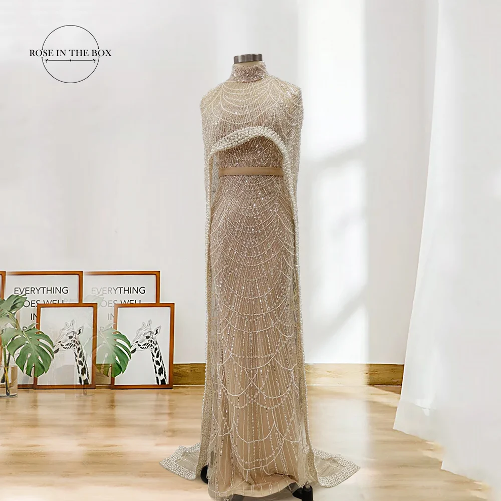 

Dubai Arabic Designer Luxury Nude Mermaid Beaded Evening Dresses Long Cape Formal Gowns For Women Wedding Party 2023