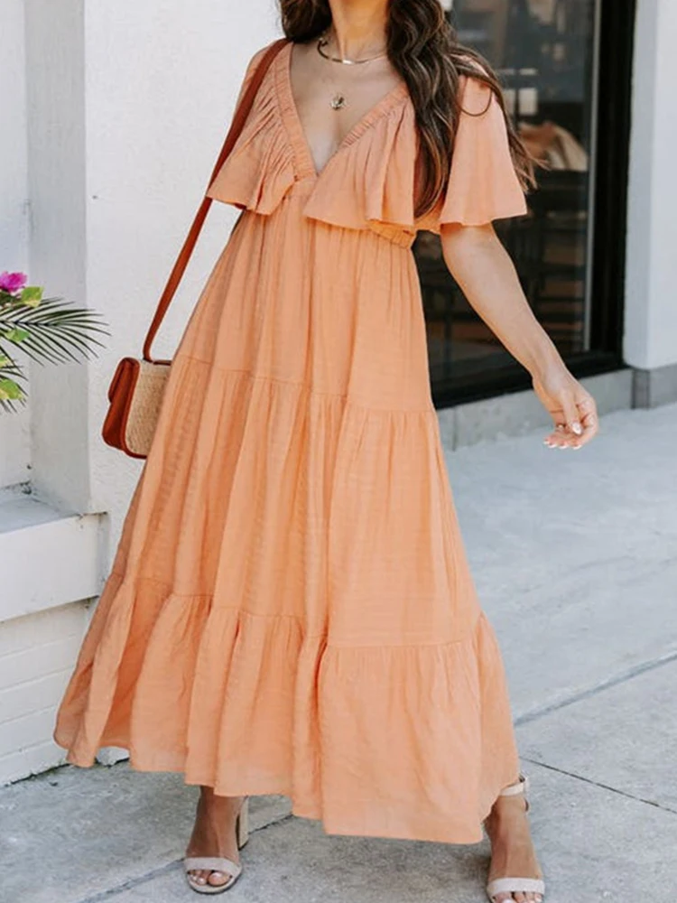 

Casual V Neck Flare Short Sleeve Party Beach Dresses Elegant Women Summer Folds Long Maxi Dress Women High Waist Hem A-LineDress