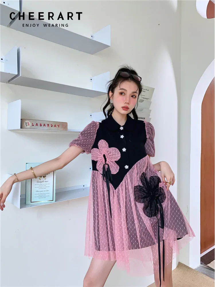

CHEERART Polka Dot Peter Pan Collar Mesh Dress For Women 2022 Summer Korean Fashion Puff Sleeve Patchwork Shirt Dress Clothing