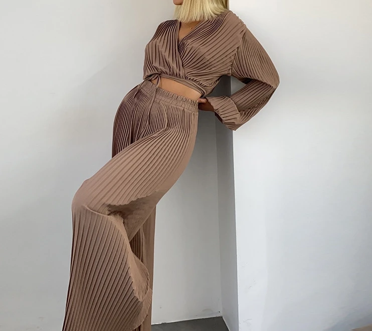 Женский комплект из двух предметов повседневный осенний плиссированный