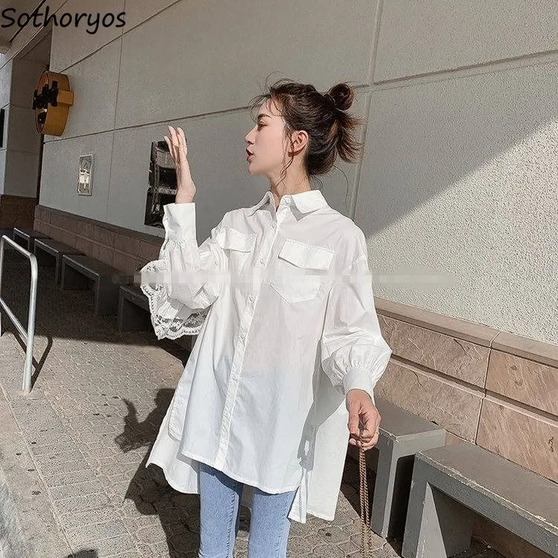 

Women Shirts Long Sleeve Lace Ruffles All-match Turn-down Collar Pockets Loose Korean Style Simple Solid Cozy Clothes Fashion