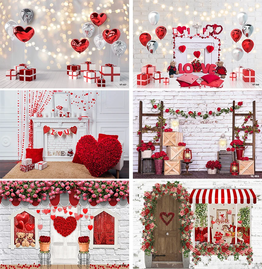 

Valentine's Day Photography Backdrop February 14 Red Rose Love Heart Bears Gift Background Anniversary Party Decor Photo Studio