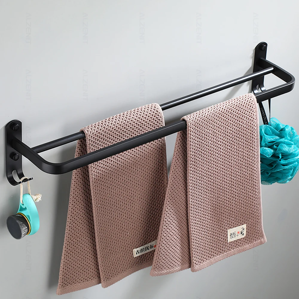 towel bar 40 60cm double rod rail rack with hook wall mount holder bathroom accessories matte black shower hanger aluminum shelf free global shipping