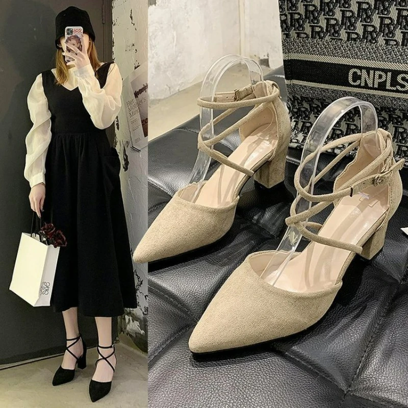 

2022 Summer New Baotou Pointed Toe Women's Low-top Thick Heel High-heeled Shoes Women's Shoes