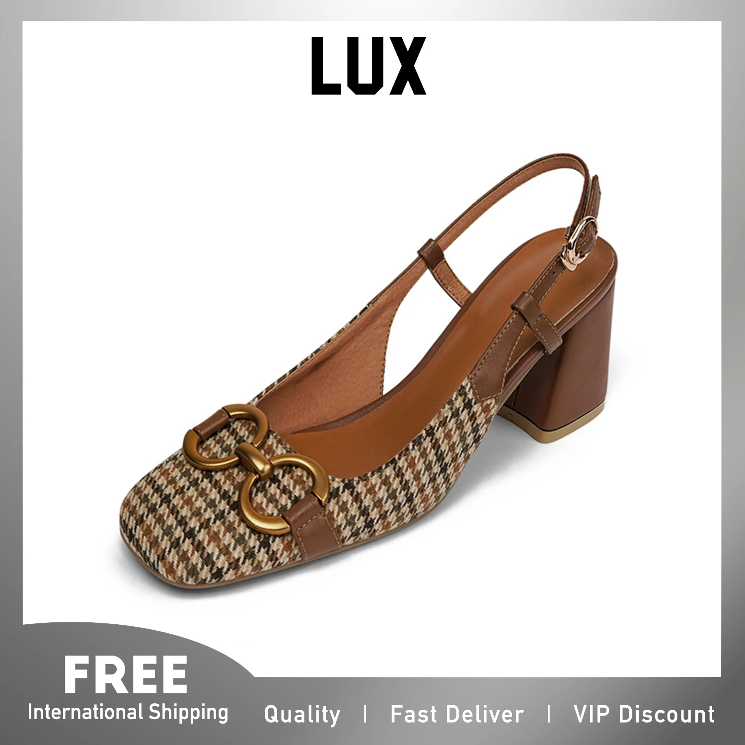 

LUX Summer Trendy Style Vintage Houndstooth Design Causal Fashion Ankle Strap Sandals for Women Metal Footwear Female