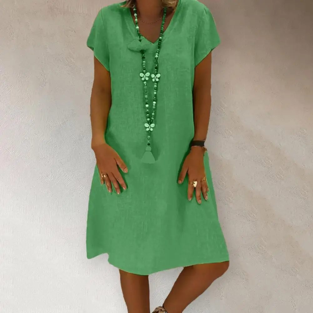 

Beach Leisure Loose Women Dress Summer V-Neck Short Sleeve Solid Color Pullover Dress Female Clothing