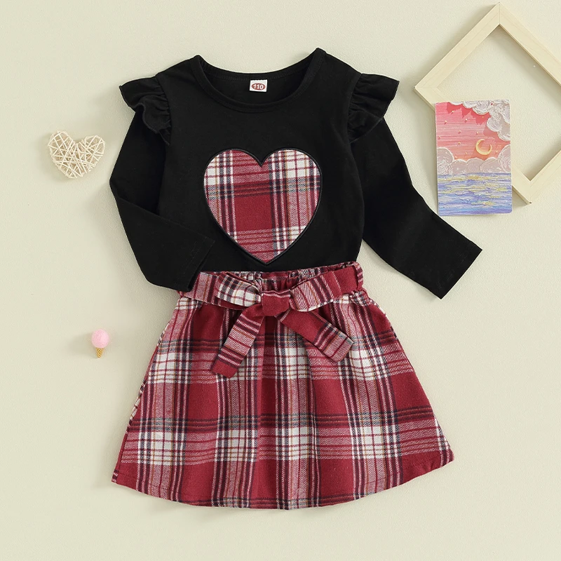 

Toddler Girl Clothes Plaid Ruffle Long Sleeves Shirt Skirt Set Kid Girl Fall Winter Outfit Clothes Set