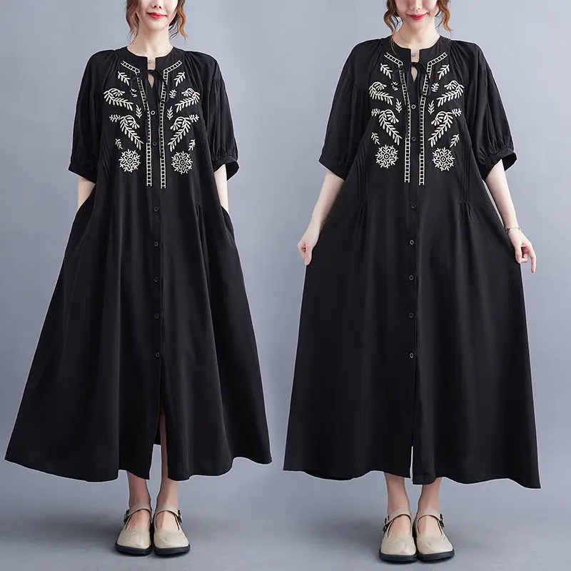 

Женское длинное платье с вышивкой, свободное облегающее платье в этническом стиле для отпуска с V-образным вырезом и коротким рукавом, лето 2023