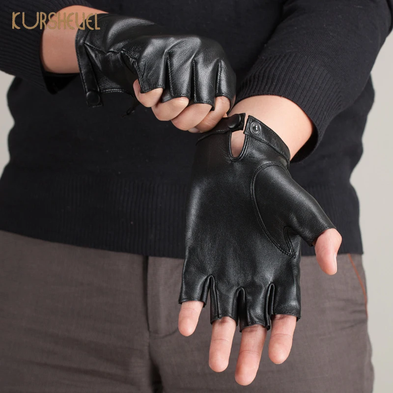High Quality Genuine Leather Gloves Men Women Fingerless Leather Driving Gloves Black Male Sheepskin Mittens AGD001