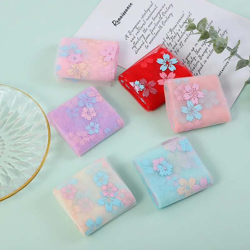 

5yards 6cm Sakura Flower Print Organza Ribbons Mesh Lace Tulle Ribbons Wedding Decor Package Gift DIY Handmade Bow Crafts