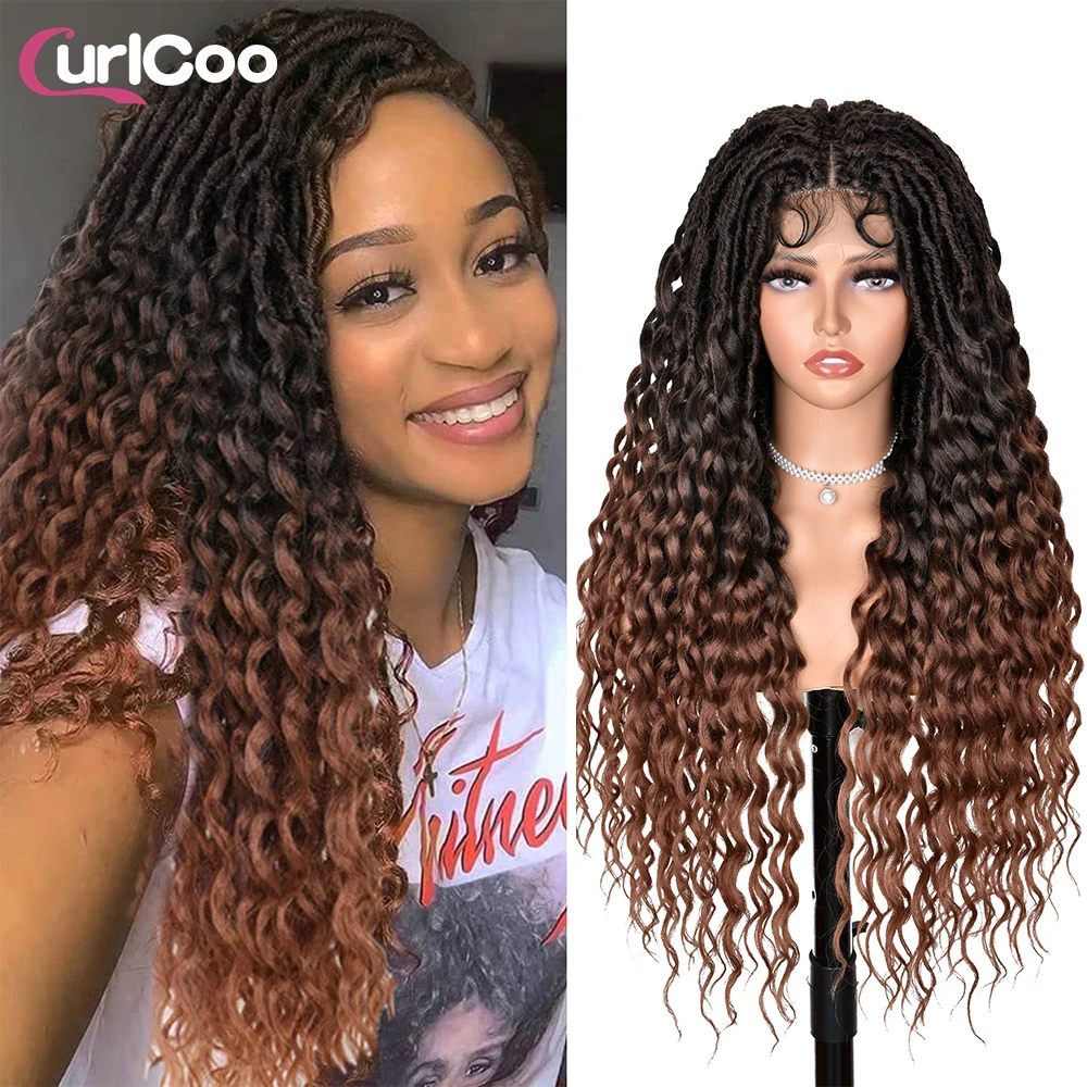 Full Lace Faux Loc Braided Wigs for Black Women 36 Inch Goddess Locs Crochet Hair Synthetic Twist Curly Locs Wig with Baby Hair