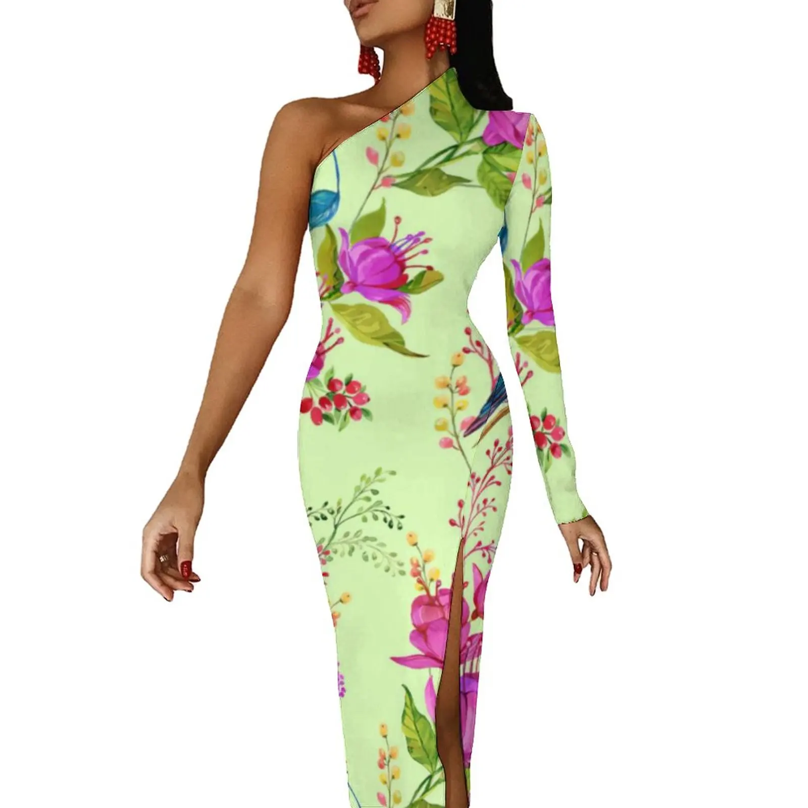 

Hummingbird Flower Long Dress Woman Botanical Party Maxi Dress One Shoulder Modern Bodycon Dresses Side Split Graphic Clothes