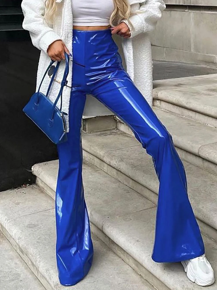 

Брюки из искусственной кожи, синие расклешенные брюки, черные брюки-карго с высокой талией, сексуальная вечерние ринки и клуба, облегающие б...