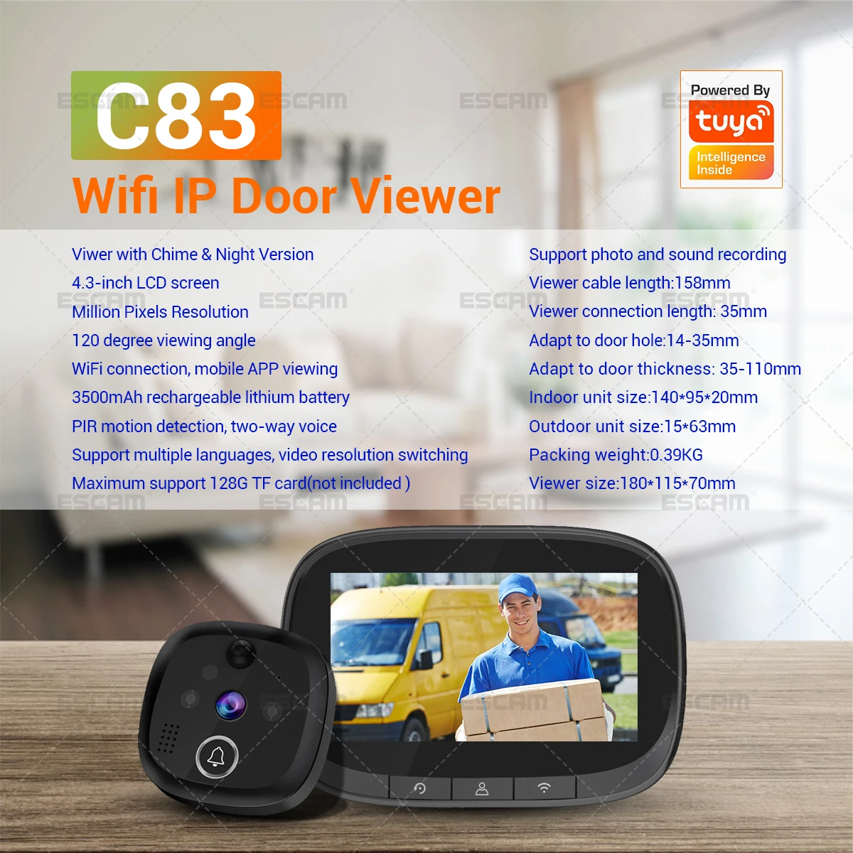 ESCAM C85 2MP 1080P Tuya APP 4.3 Inch IP WIFI Doorbell Intercom System 120Degree Wide Angle Video Door Phone Visual Door Viewer