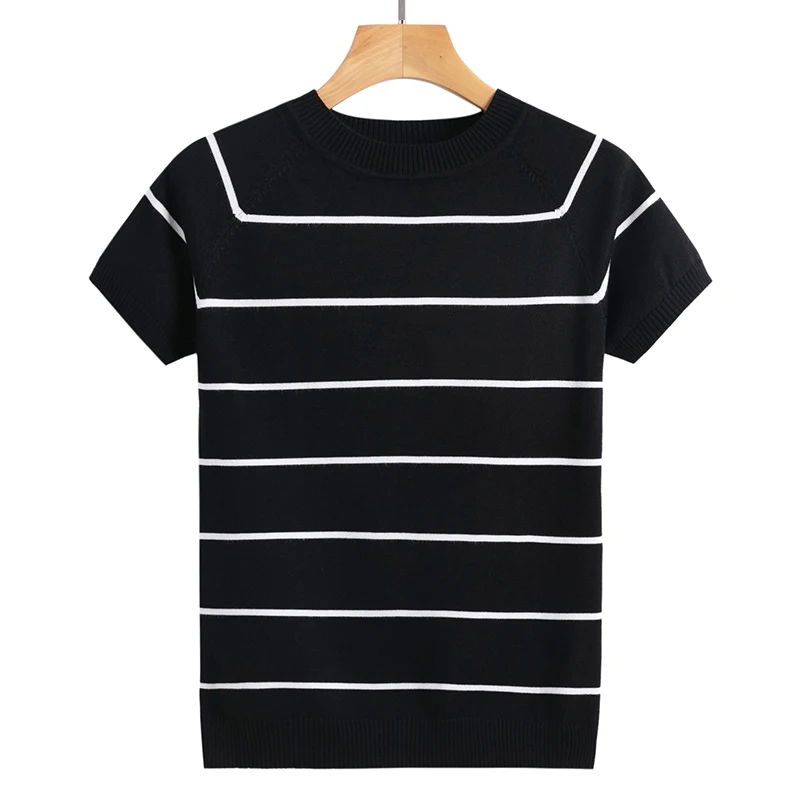 

New Women Tops O-Neck T-Shirt Summer Short Sleeve Striped T Shirts Tees Sweater Knitted T Shirt Korean Pull Femme Jumper Female