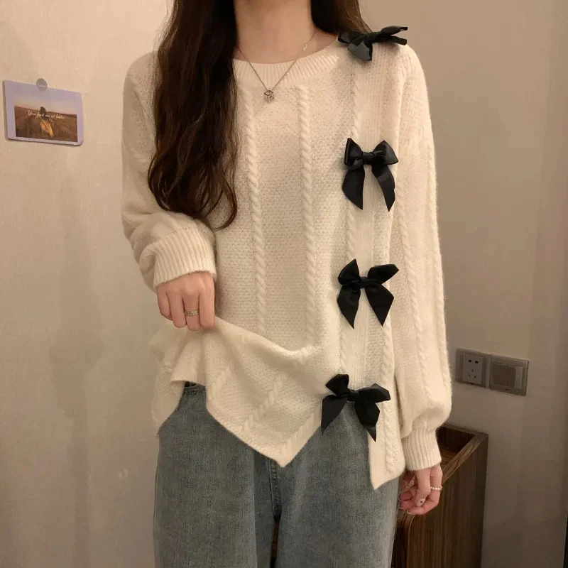 

Sweet Cute Bow Pullover Tops Women Autumn Winter New Loose Long Sleeve Knitwear Woman 2023 Lazy Style Side Split Knitted Sweater