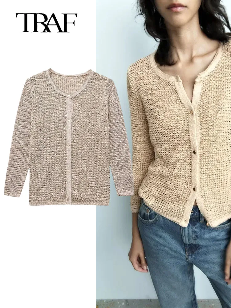 

TRAF Women Metallic Thread Knitted Jacket 2023 Summer New Office Ladies Fashion O-Neck Single Breasted Long Sleeves Solid Coats