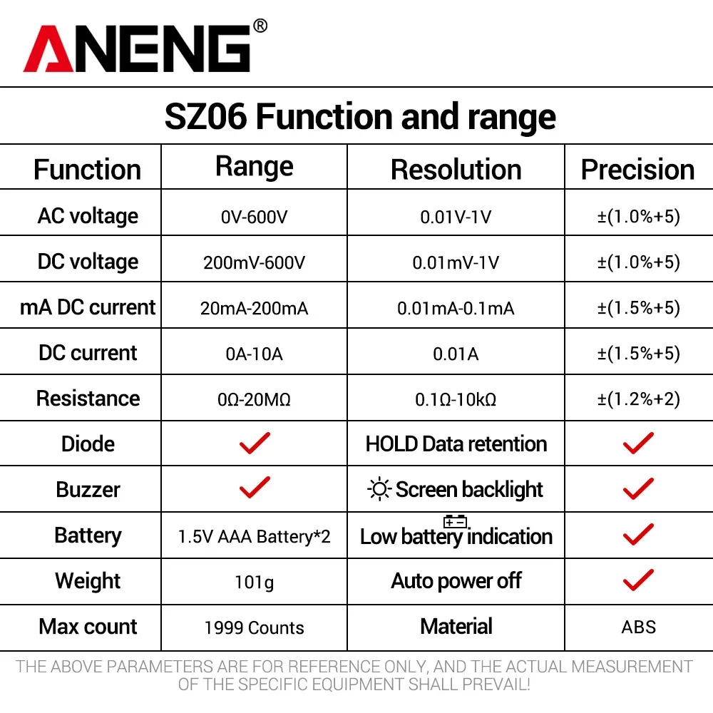 Цифровой мультиметр ANENG SZ06+BT169, набор для проверки батарей, высокоточный тестер напряжения постоянногопеременного тока, диодный тестер, для электриков и домашнего использования (art.: 3920db18aaa73) - 3920db18aaa73