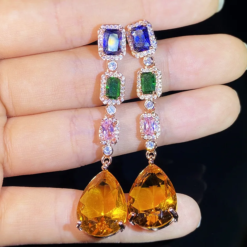 

Luxurious Emerald Sapphire Drop Pear Shaped Topaz Crystal Full Diamond Stud Earrings For Women 6/5000 Engagement Gift Jewelry