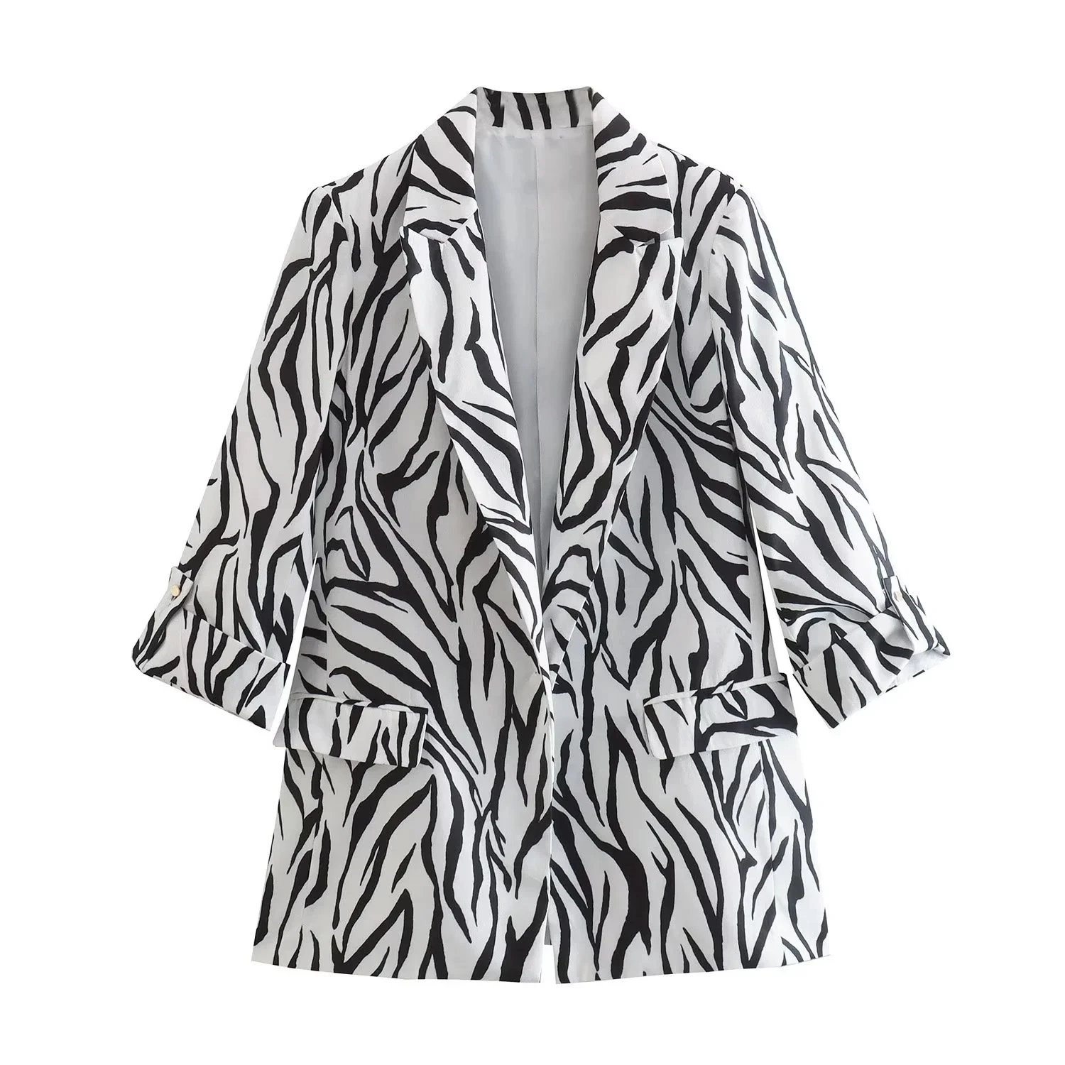 Dave&Di  Vintage Zebra Print Roll Up Sleeve Casual Blazers Women England Style Fashion  Jacket