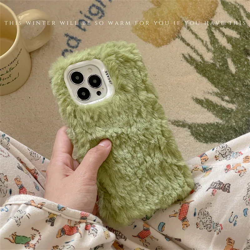 Lns Korean Style Cute Fluffy Fur Phone Case For Iphone 16 14 13 12 11 Pro MAX X XS XR 15 Girl Cover Soft Plush Coat Coque
