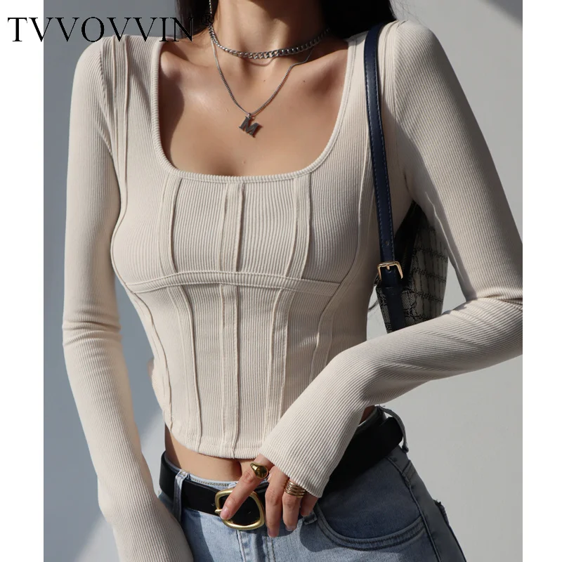 

TVVOVVIN Retro Sexy Solid Color Pullover Long Sleeve T-Shirt Women Simple Casual Style Square Collar Slim Short Top CGVG