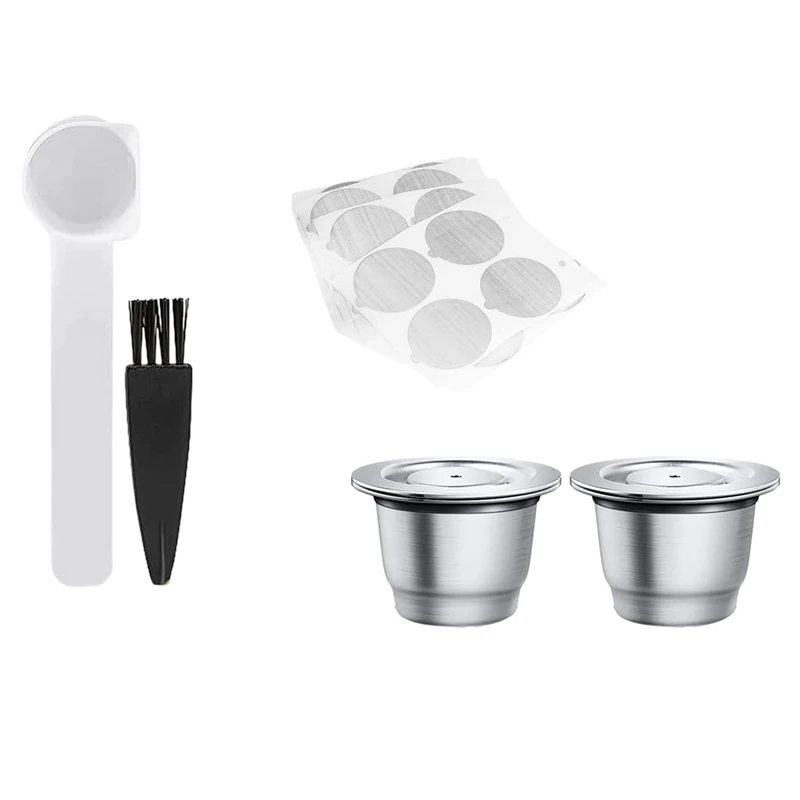 

2 Pcs Refillable Coffee Capsules Stainless Steel Reusable Pods with 100 Pcs Lids Fit for Nespresso Coffee Machines