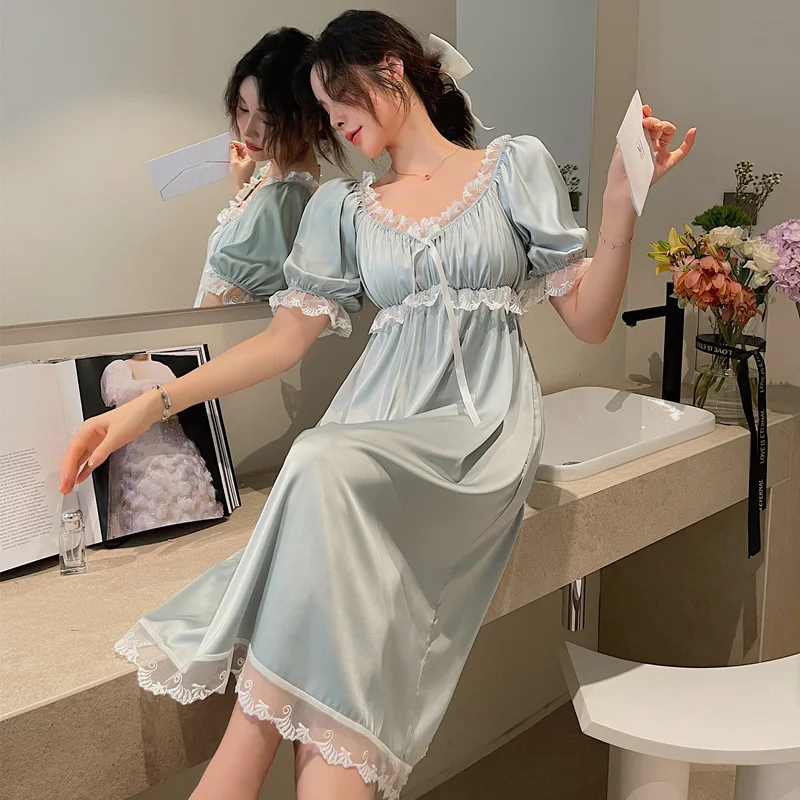 

Retro Palace Style Princess Nightdress New Summer French Nightgown For Women Sweet Lace Trim Satin Sleepwear Casual Home Dress