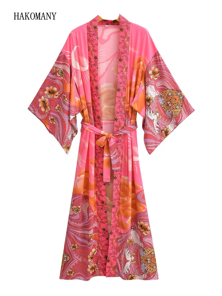 

BOHO V neck Moon Flower Print Long Kimono Robe Shirt Ethnic Lacing up Bow Sashes Midi Cardigan Loose Blouse Beach Cape