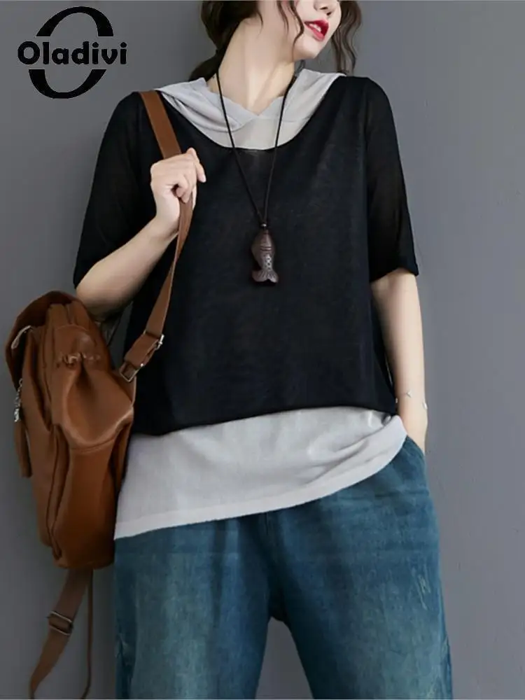 

Oladivi Women Faux Two Pieces Knitted Blouses 2022 Summer New Casual Loose Hooded Shirts Ladies Oversized Tops 6208 L XL XXL 3XL