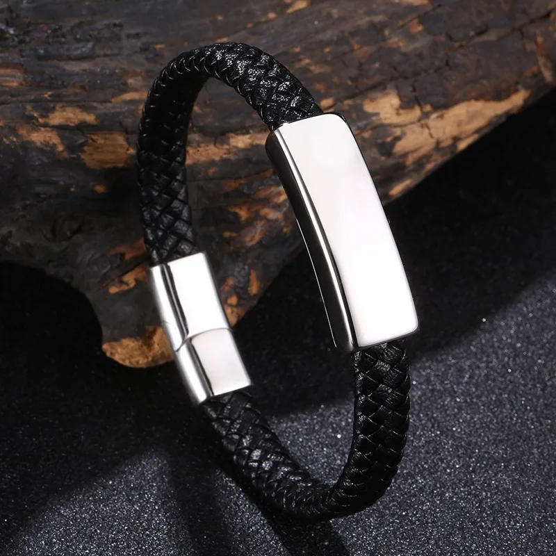 

Black Simple Men Leather Bracelets & Bangles Stainless Steel Fashion Braided Wristbands Male Trendy Party Charm Jewelry PD1297