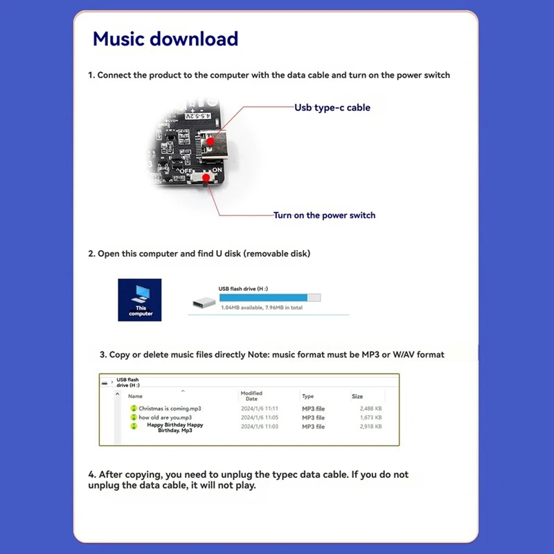 Записываемый звуковой модуль с загрузкой MP3 TYPE-C для подарочной коробки открытка