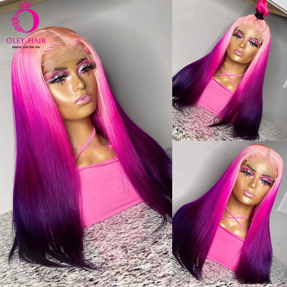 Ombre Pink Colored 30 Inch Straight Pre Plucked Glueless  Drag Queen 13x4 Transparent Lace Front Cosplay Wigs For Black Women