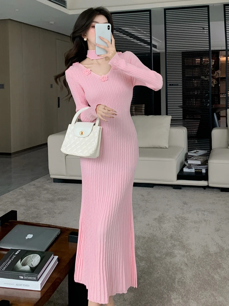 Французский облегающий шарф вязаное платье для внутренней одежды розовое 2024